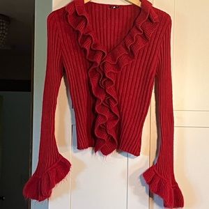 Arden B red sweater, large bell sleeves, ruffle front and around neck, size M